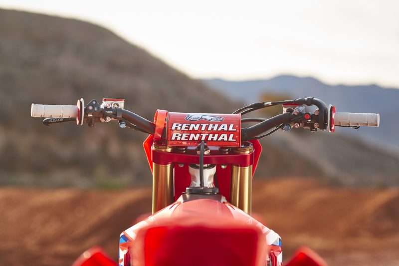 the handlebars of Ken Roczens Honda dirt bike 