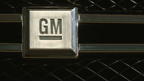 A GM logo seen on the front grille of a car