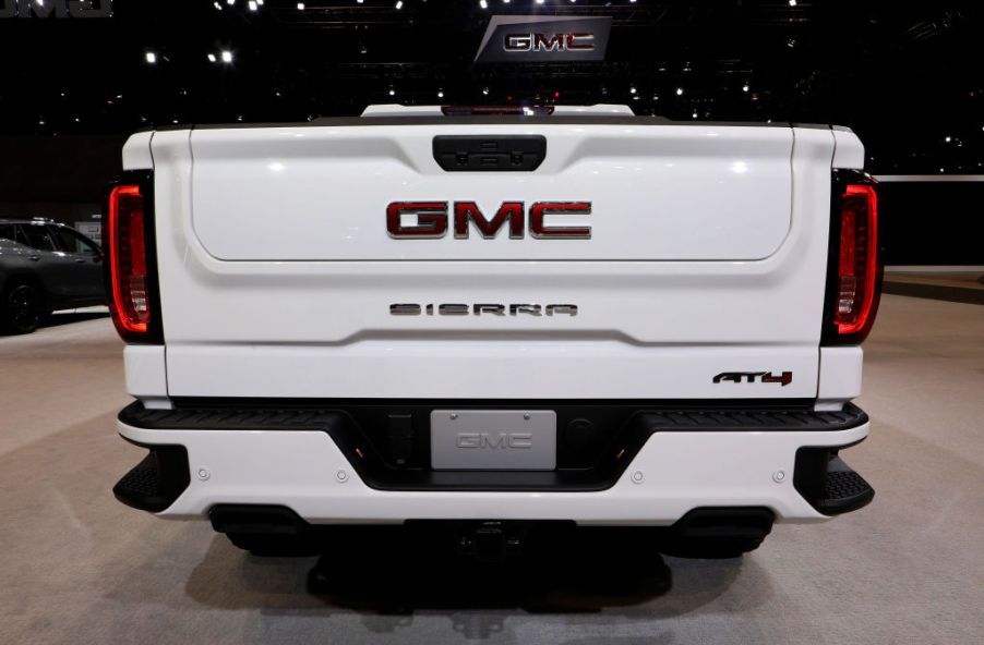 The back of a 2020 GMC Sierra AT4 on display at an auto show