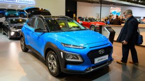 Hyundai Kona Hybrid compact crossover suv on display at Brussels Expo