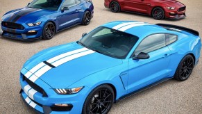 three Mustang GT350s. A red one and dark blue with a candy blue 2017 Ford Mustang in the foreground