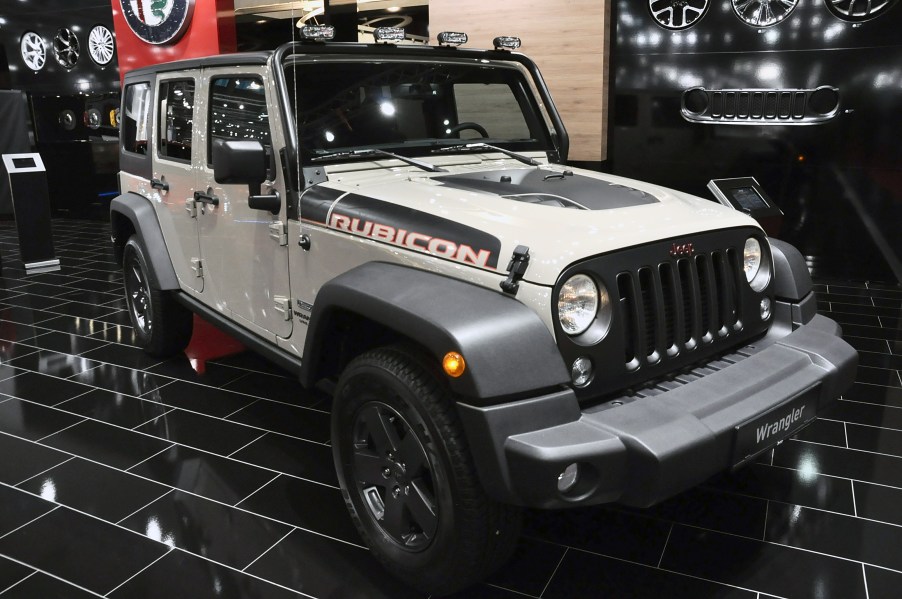 A Jeep Wrangler Rubicon is displayed during the Vienna Autoshow