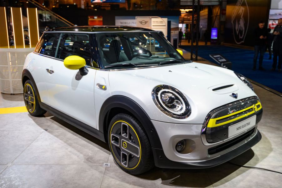 MINI Electric or Mini Cooper SE compact all electric retro design car on display at Brussels Expo