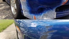 Blue 1999 Mazda Miata shown before and after the car paint and scratched bumper were repaired