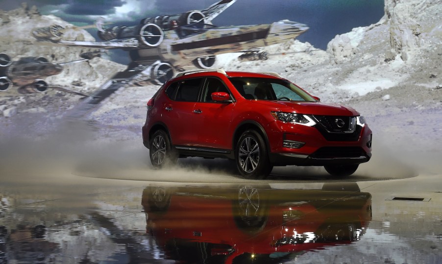 A 2017 Nissan Rogue is displayed during media preview days ahead of the public opening of the Los Angeles Auto Show