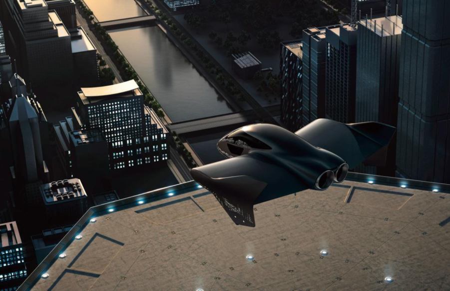 flying car over city looks current but also futuristic