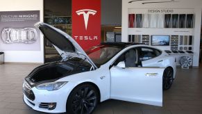 A Tesla Model S on display in a showroom