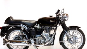 Side view of a black-tanked 1966 Velocette Venom Thruxton