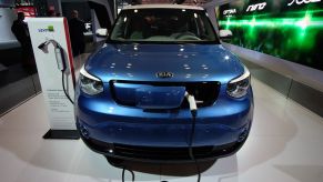 The Kia Soul EV is seen being charged during the New York International Auto Show