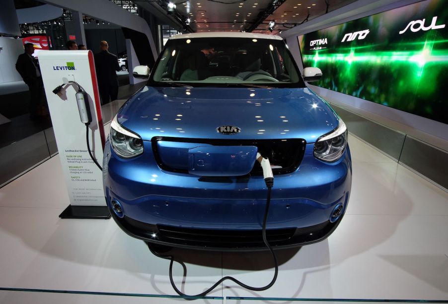 The Kia Soul EV is seen being charged during the New York International Auto Show