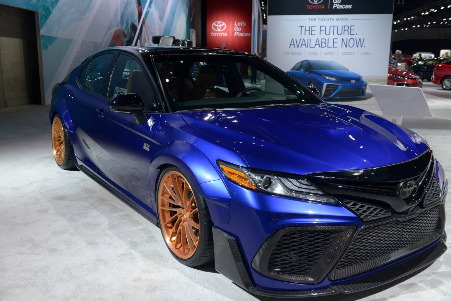 A 2017 Camry SXE sits on display at the Los Angeles Auto Show in the Los Angeles Convention Center