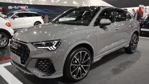 A gray Audi Q3 luxury SUV on display