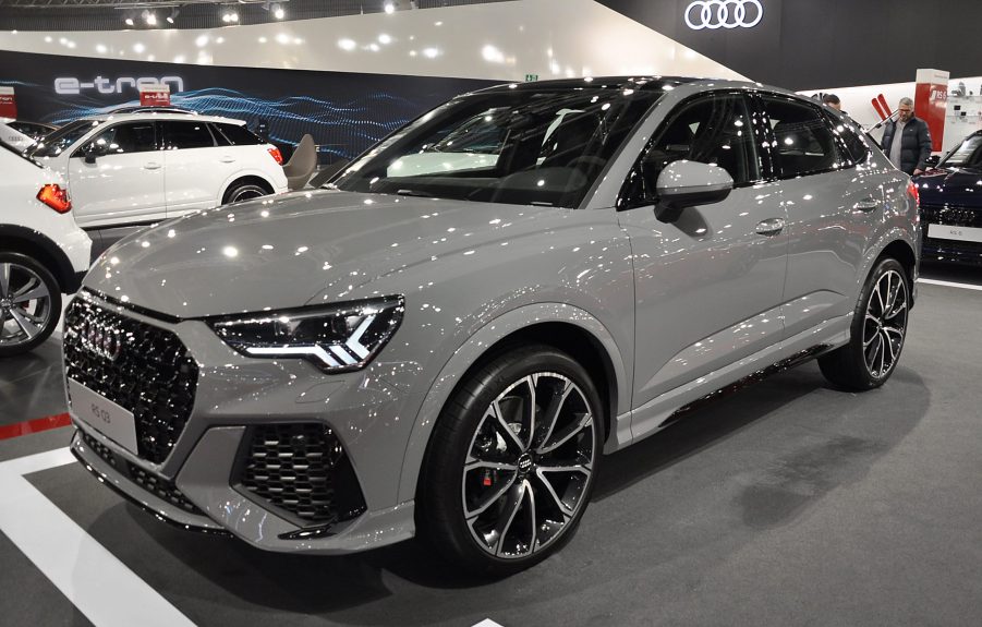 A gray Audi Q3 luxury SUV on display