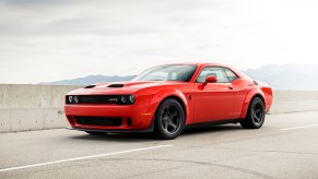 Red 2020 Dodge Challenger SRT Super Stock on the concrete highway