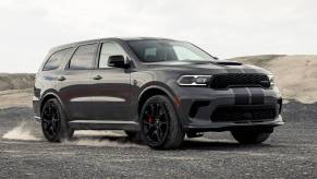 A gray Dodge Durango SRT Hellcat on a turn.