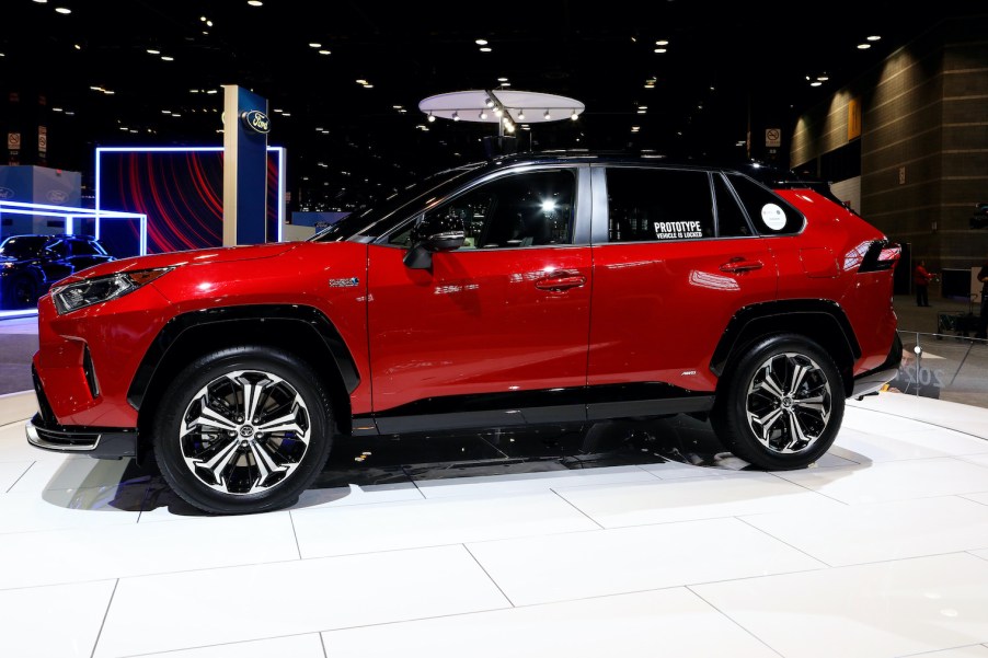 A red 2021 RAV4 Prime on display at the 112th Annual Chicago Auto Show