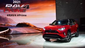 The 2021 Toyota RAV4 Prime on display at an auto show