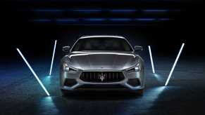 A head-in view of a 2021 Maserati Ghibli in a dimly lit room.