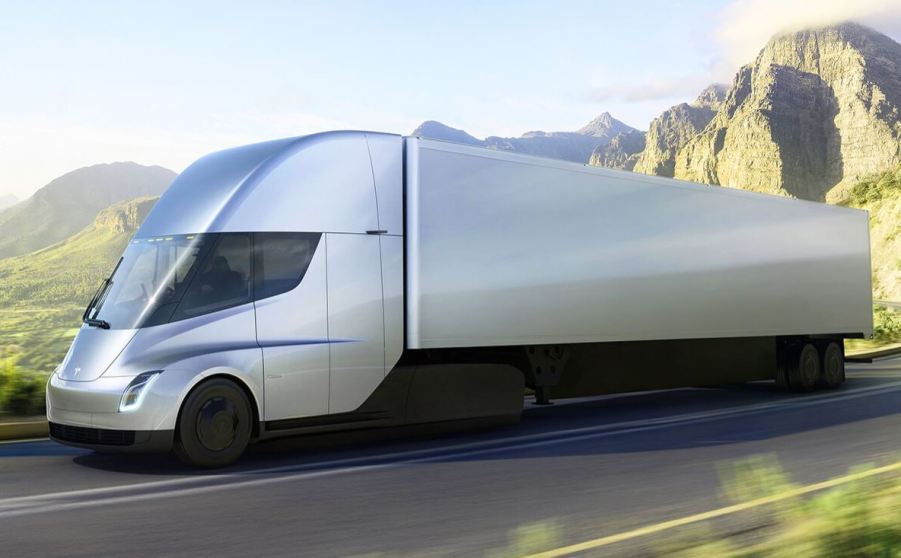 This is a rendering of a silver Tesla Semi tractor trailer on a road along a mountain pass.