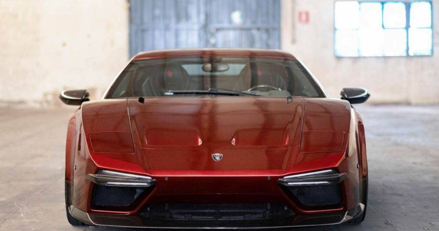 A head-on view of the red Ares Panther.