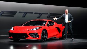 Mark Reuss, president of General Motors Company, unveils the 2020 Chevy C8 Corvette Stingray