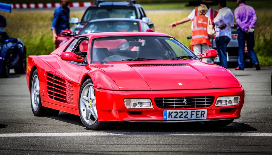 A red Ferrari Testarossa at the Top Gear test track.