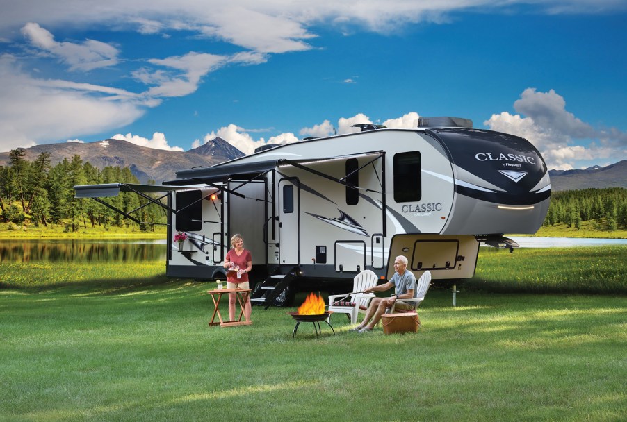 Forest River travel trailer outside set up for camping