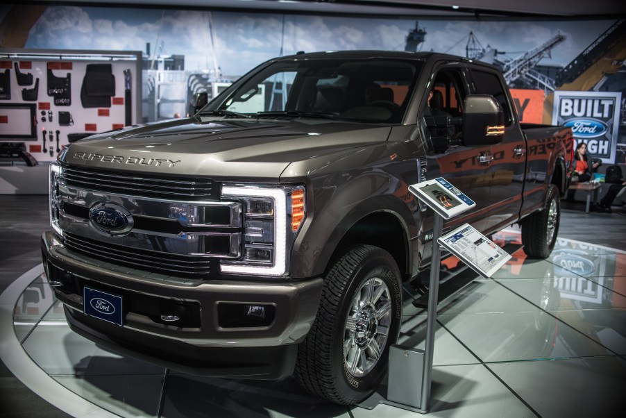 A Ford Super Duty F-350 on display at an auto show