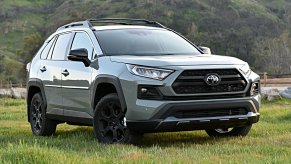 A Lunar Rock 2021 Toyota RAV4 in a field with a mountainous backdrop