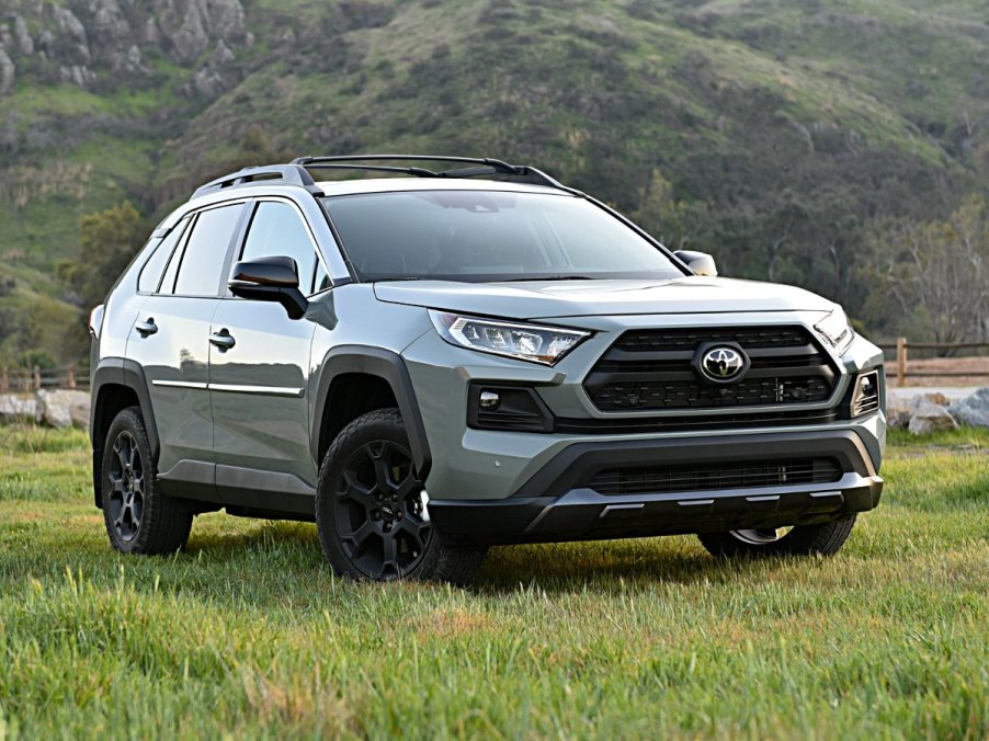 A Lunar Rock 2021 Toyota RAV4 in a field with a mountainous backdrop