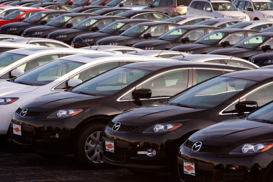 Cars on display at a Mazda dealership