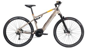 A tan-framed Peugeot eT01 Crossover FS e-bike