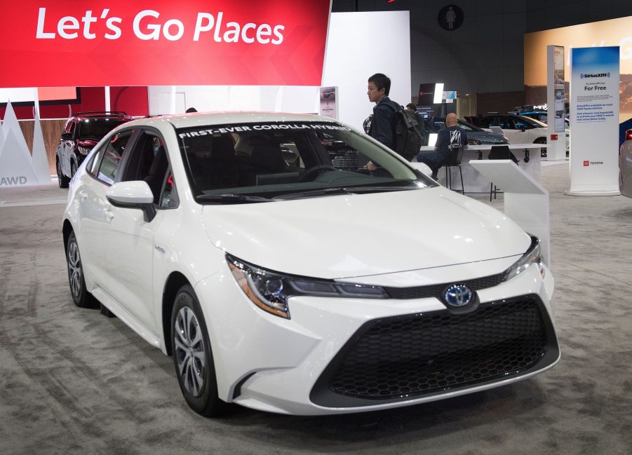 A 2020 Toyota Corolla hybrid on display