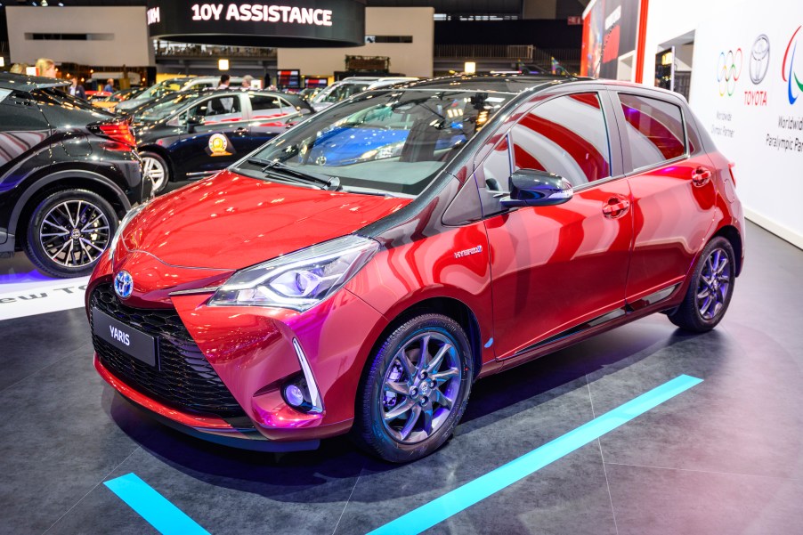 Toyota Yaris Hybrid compact city car on display at Brussels Expo