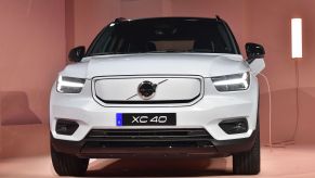 Swedish automaker Volvo unveils its first electric vehicle, the XC40 Recharge EV, during an event in Los Angeles, California