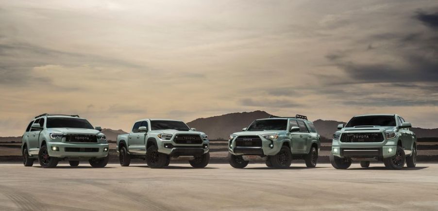 the 2021 TRD Pro lineup in lunar rock in a sandy scene