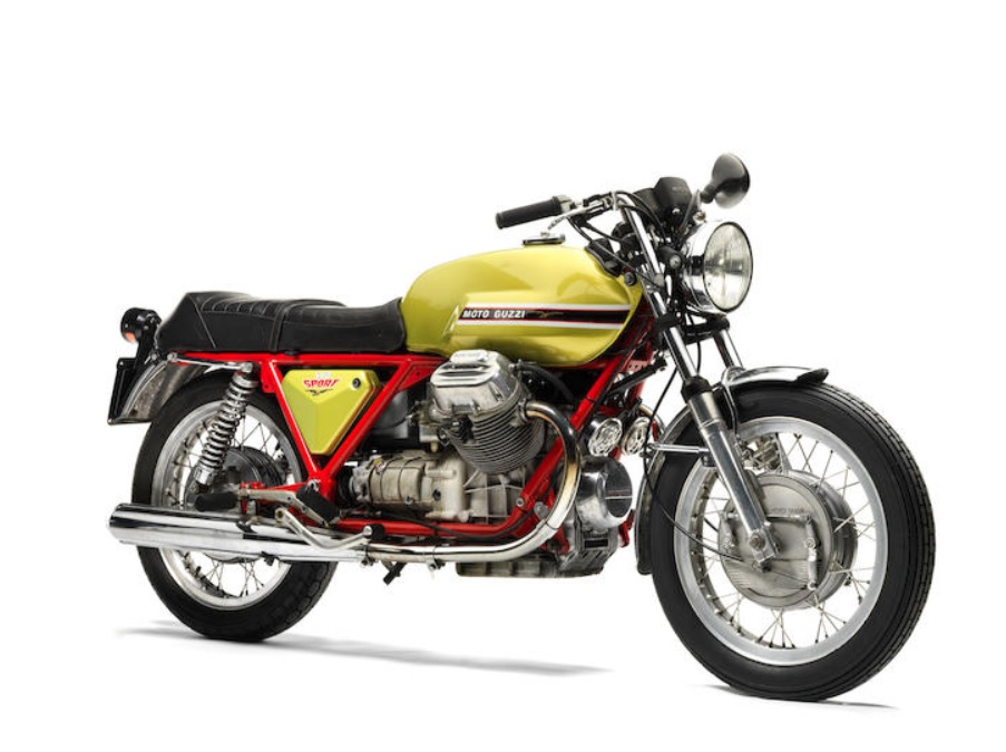 A green-tanked red-frame 1971 Moto Guzzi V7 Sport Telaio Rosso