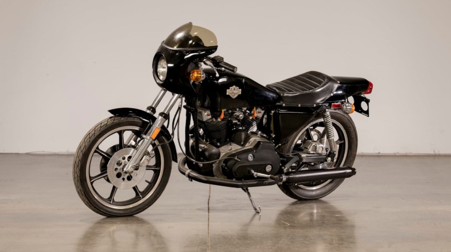 A black 1977 Harley-Davidson XLCR in a studio