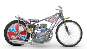 The silver 1977 Jawa 500 DOHC Speedway Racer raced by Ivan Mauger