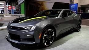 A 2020 Chevy Camaro on display at an auto show