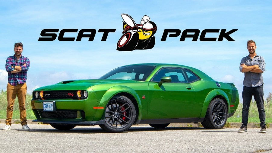 A green 2020 Dodge Challenger R/T Scat Pack Widebody