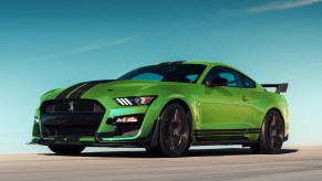 Heritage-Inspired Grabber Lime 2020 Ford Mustang driving on the road