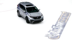 A general view of the official vehicle, the Honda CR-V, is seen on the ice after the 2020 NHL All-Star Game