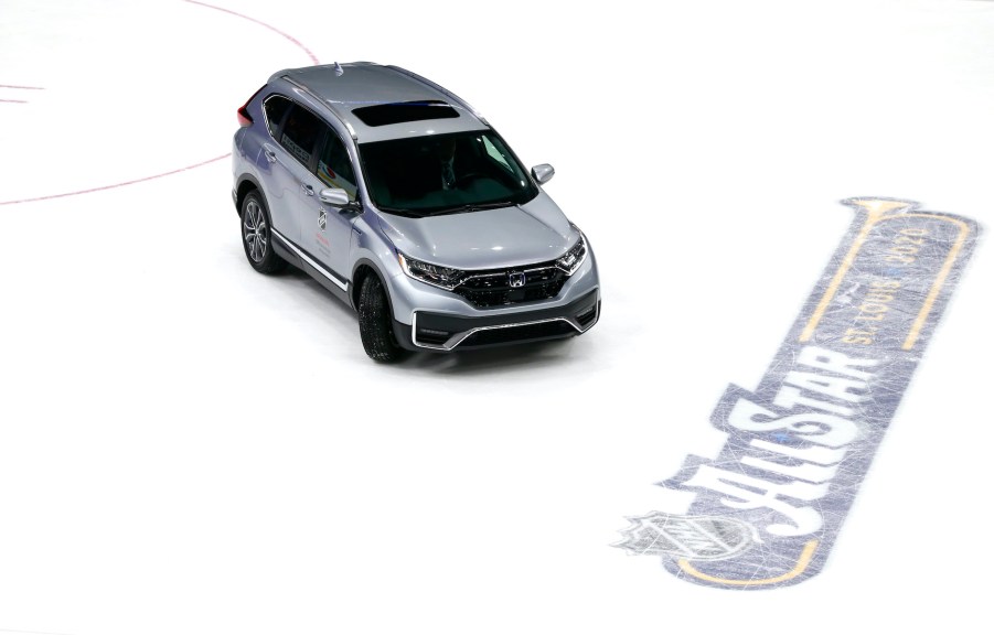 A general view of the official vehicle, the Honda CR-V, is seen on the ice after the 2020 NHL All-Star Game