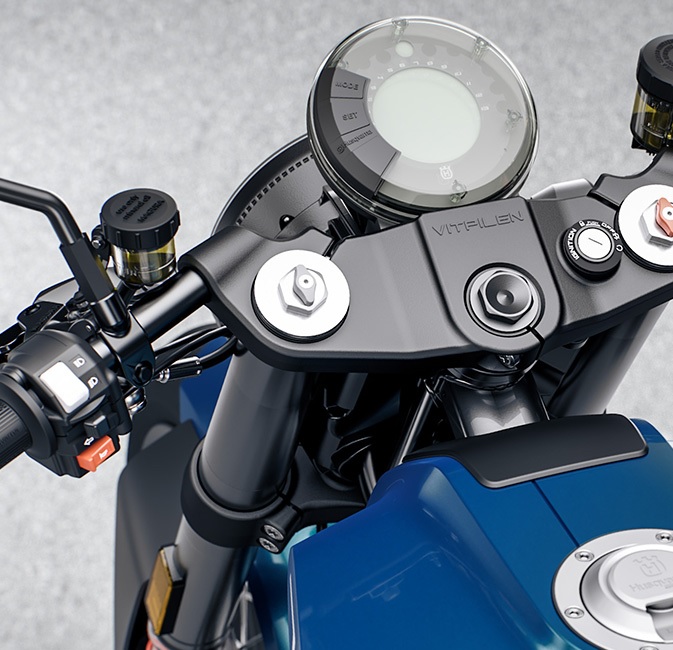 A close-up shot of the 2020 Husqvarna Vitpilen 701's LCD gauge and handlebars