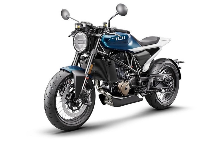 A blue-and-white 2020 Husqvarna Vitpilen 701