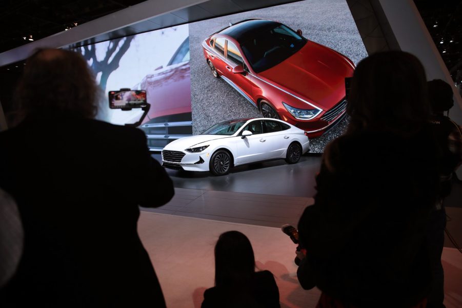 A 2020 Hyundai Sonata on display at an auto show