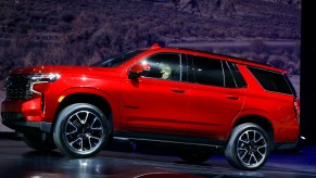 The new 2021 Chevrolet Tahoe, competing with the Ford Expedition, is driven on stage at its reveal by General Motors at Little Caesars Arena