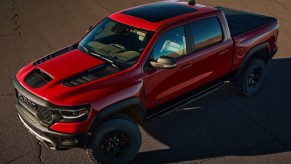 An overhead shot of a red 2021 Ram 1500 TRX in the desert