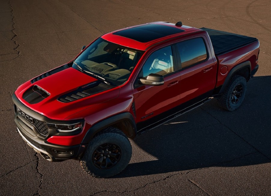 An overhead shot of a red 2021 Ram 1500 TRX in the desert